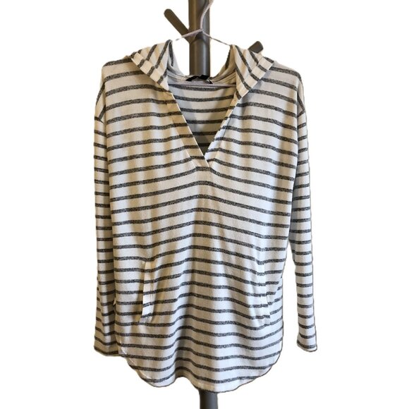 Banana Republic Hoodie Stripe Sweatshirt Kangaroo Pocket White & Grey Pullover - Picture 1 of 15